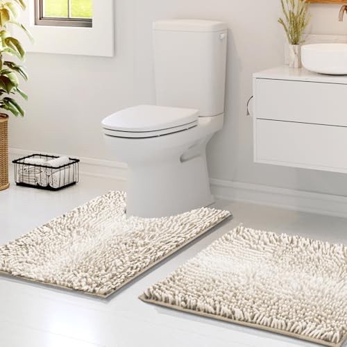 Hearth & Harbor Bathroom Rugs, Chenille Bath Mat - Machine Washable Bath Mats for Bathroom Non-Slip Backing Rubber, Quick Dry Bathroom Mat, 17 x 24 + 20 x 24 - Ombre Beige