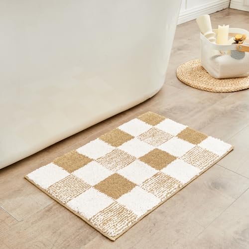 CozeCube Beige Checkered Bath Mat 32"x20" Non Slip Washable Rug