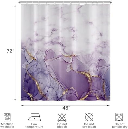 Marble Shower Curtain, Ombre Purple Gold Ink Shower Curtains for Bathroom, Modern Abstract Aesthetic Bathtub Decor Waterproof Fabric Watercolor Bath Curtain Set with Hooks 48x72 inch