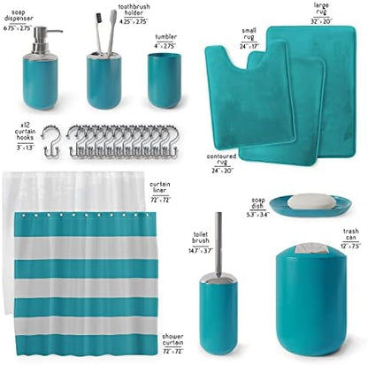 Clara Clark Bathroom Set - Teal Bathroom Accessories Set, Bathroom Sets with Shower Curtain and Rugs, 23PC Shower Curtain Set with Liner, Soap Dispenser, Soap Dish, Toilet Brush Holder, and Trash Can