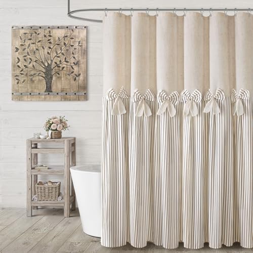 Farmhouse Shower Curtain Linen Bow Pleated Beige Stripe 72"W x 75"L