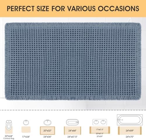 IM HOME Waffle Bath Mat Blue 24"x17",Boho Woven Modern Bath Mat Rugs, Absorbent Non Slip Bathroom Rugs, Soft Washable Bath Rugs with Tassels for Bedroom, Kitchen, Shower, Tub