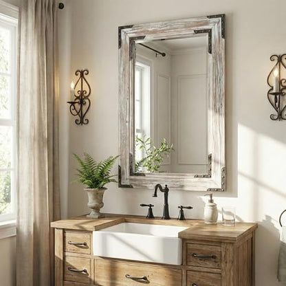 Distressed White 24x36 Inch Wood Bathroom Vanity Mirror, Rivets