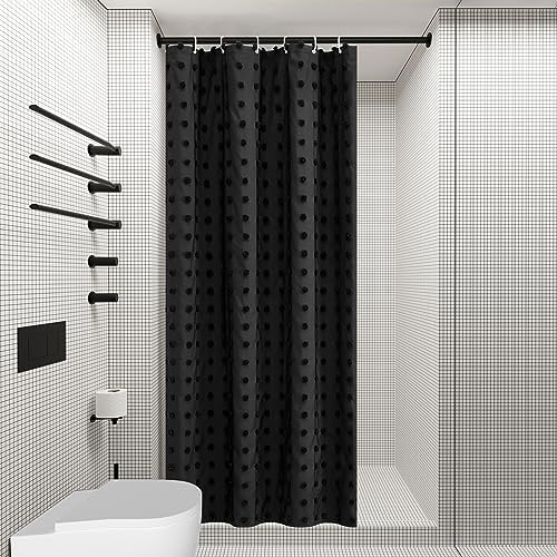 Siiluminisoy Small Stall Black Boho Shower Curtain Woven Fabric Cute Shower Curtain, 36 x 72 Tufted Pleat Floral Textured Modern Farmhouse Minimalist Shower Curtain Set with Hooks for Bathroom