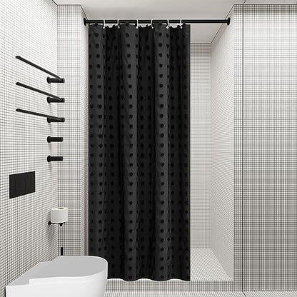 Siiluminisoy Small Stall Black Boho Shower Curtain Woven Fabric Cute Shower Curtain, 36 x 72 Tufted Pleat Floral Textured Modern Farmhouse Minimalist Shower Curtain Set with Hooks for Bathroom