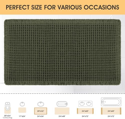 IM HOME Waffle Bath Mat Dark Green 24"x17",Boho Woven Modern Bath Mat Rugs, Absorbent Non Slip Bathroom Rugs, Soft Washable Bath Rugs with Tassels for Bedroom, Kitchen, Shower, Tub