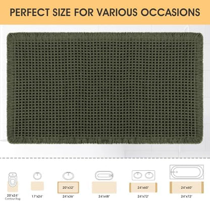 IM HOME Waffle Bath Mat Dark Green 24"x17",Boho Woven Modern Bath Mat Rugs, Absorbent Non Slip Bathroom Rugs, Soft Washable Bath Rugs with Tassels for Bedroom, Kitchen, Shower, Tub