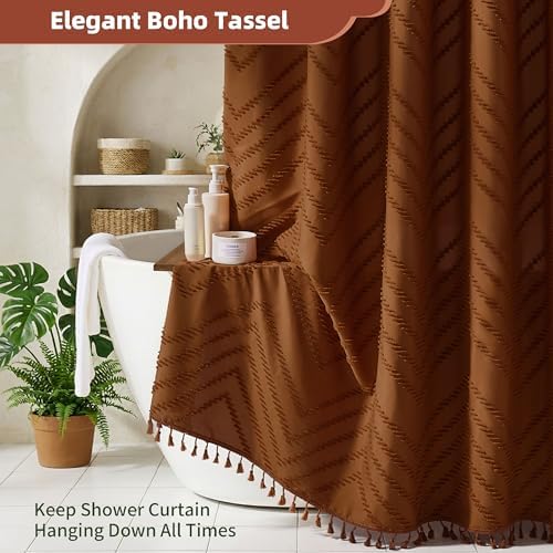 Siiluminisoy Extra Long Shower Curtains Burnt Orange 72 x 96 Inches Tufted Chevron Fabric for Bathroom Vintage Shabby Chic Waterproof Cloth Shower Curtain