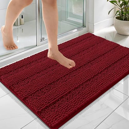 OLANLY Thick Bathroom Rugs 36x24, Soft Chenille Striped Bath Rugs, Red