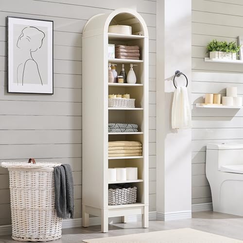 IFBUY 71" Tall Arched Bathroom Storage Cabinet, 8-Tier Modern Farmhouse Storage Cabinet with Adjustable Shelves, Wood Freestanding Cabinet for Bathroom, Living Room, Entryway, Hallway (Antique White)