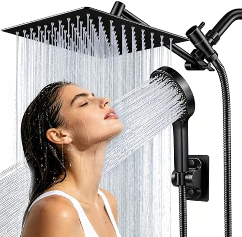 Shower Head, 8 inch Multifunction High Pressure Rain Shower Head with Handheld Spray Combo with 11'' Angle Adjustable Extension Arm/Flow Regulator/Shower System Matte Black