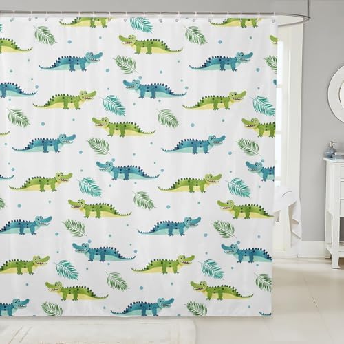 Feelyou Alligator Decor Fabric Shower Curtains Cartoon Australian Crocodile Shower Curtain for Kids Boys Girls Palm Leaves Bathroom Waterproof Accessories with Hooks Cute Wild Animal,72x72 Inches