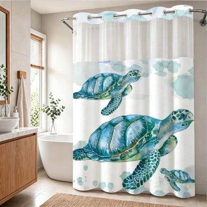 Ocean Sea Turtle Theme No Hook Waffle Weave Kids Shower Curtain with Snap in Liner Nautical Tropical Blue Bathroom Decor Set 72 W x 74 H Inch Teal