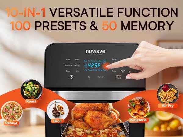 Nuwave Brio 15.5Qt Air Fryer Oven with Plug-In Grill, XL Family Size, 10-in-1, Air Fry, Grill, Rotisserie, Even & Crisp Cooking, 50°–425°F, 1800W