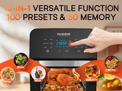 Nuwave Brio 15.5Qt Air Fryer Oven with Plug-In Grill, XL Family Size, 10-in-1, Air Fry, Grill, Rotisserie, Even & Crisp Cooking, 50°–425°F, 1800W