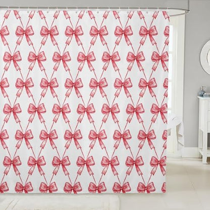 jejeloiu Red Bow Shower Curtain 72"x78" Cute Bowknot Bath Curtain Boys Girls Bow and Stripes Bathroom Shower Curtain Set for Kids Women Men Kawaii Kids Bathroom Accessories