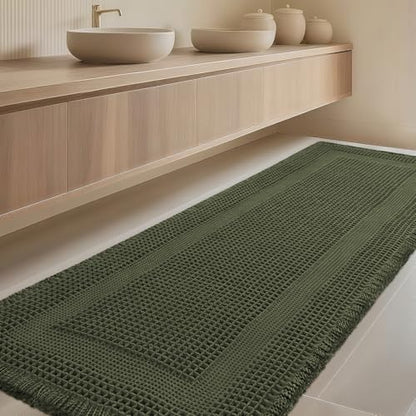Extra Large Waffle Bath Mat, Boho Woven Modern Bath Rug Absorbent Non Slip, Ultra Soft Bathroom Mats, Machine Washable Knit Bath Rugs with Tassels for Bathroom, Bedroom, Kitchen, 6'x2', Dark Green