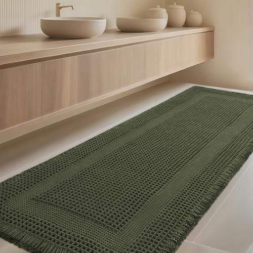 Extra Large Waffle Bath Mat, Boho Woven Modern Bath Rug Absorbent Non Slip, Ultra Soft Bathroom Mats, Machine Washable Knit Bath Rugs with Tassels for Bathroom, Bedroom, Kitchen, 5'x2', Dark Green