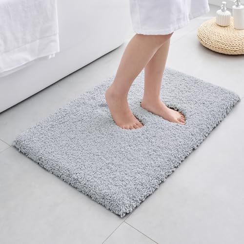 ILANGO Silver Bathroom Rugs 36" × 24" Non Slip & Super Absorbent Extra Thick Soft, Washable Bath Mat for Floor, Microfiber Plush Shaggy Bath Rug with Tub for Bathtub Shower Room Sink