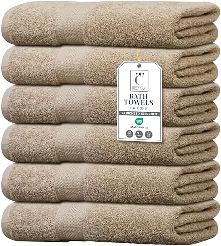 Large Bath Towels Set of 6 – 100% Cotton Terry – 24" x 50" – Quick Dry, Soft & Highly Absorbent – Beige Towels for Bathroom, Gym, Spa, Pool & Daily Use