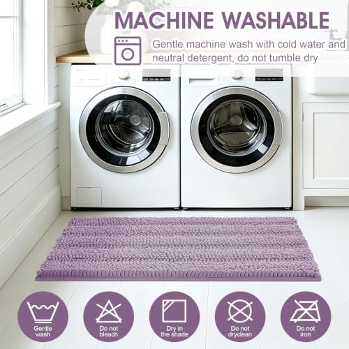ACCUMTEK Striped Lavender Bathroom Rug Mat Set 2 piece 32"x20"+60"x20" Ultra Soft, Non Slip Chenille Bath Rugs, Absorbent Plush Shaggy Bath Mats for Bathroom, Bedroom, Kitchen, Shower, Tub