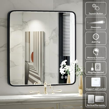 36X36 Inch LED Lighted Bathroom Mirror,Black Frame,3 Color