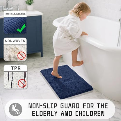 Yimobra Washable Bathroom Rugs, Super Soft & Absorbent Chenille Bath Mat for Floor & Carpet, Quick Dry Non Slip Bath Mat for Tub Shower, 32"x20",Navy Blue