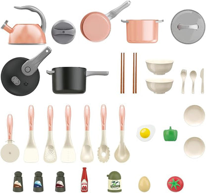 Bruvoalon 32Pcs Kids Play Kitchen Toys Set, Toddlers Pretend Cooking Playset Acccessories with Pots Pans, Utensils Cookware, Foods, Canned Veges, Learning Gift for Kids Girls Boys (Pink)