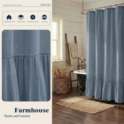 Farmhouse Shower Curtain Ruffle Linen Flax Blue Grey 72" W x 72" L