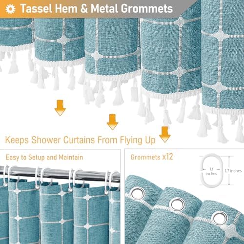 BTTN Extra Long Boho Farmhouse Linen Shower Curtain, 72x96, Turquoise/Teal