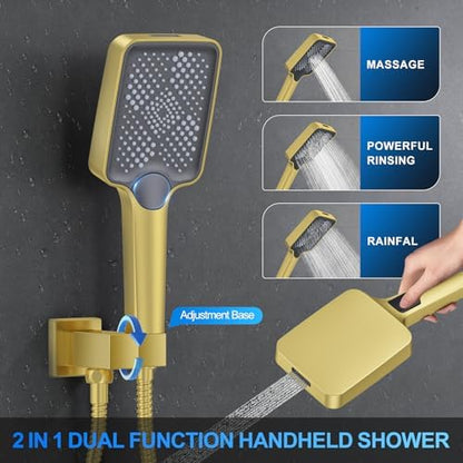 Shower Faucet Set, 12" Ceiling Mount Rainfall Shower System with 2 Rain Shower Head and Multi-function Handheld Head Push Button Diverter Shower Faucet Trim Kit (12", Brushed Gold)