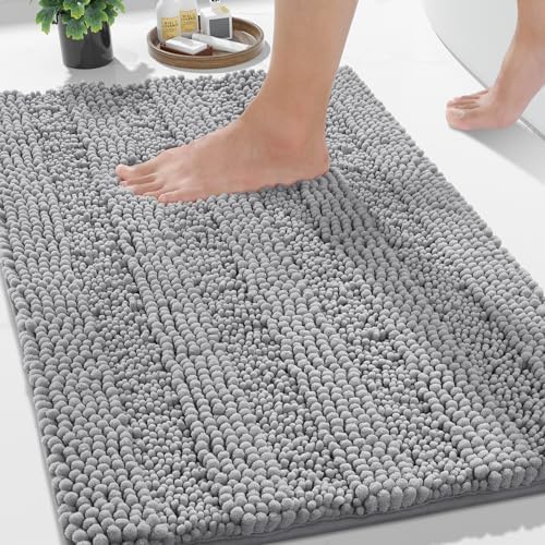 Yimobra Bathroom Rug Mat 32 x 20, Non Slip and Super Absorbent Bath Mat,Machine Washable Quick Dry,Ultra Plush Chenille Shower Rugs for Bathroom Floor Sink Tub and Shower Outside,Gray