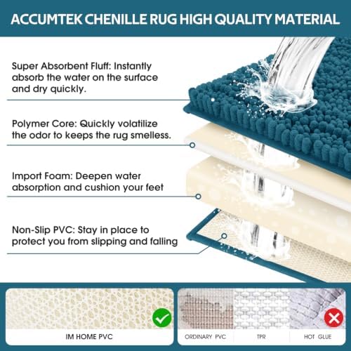 ACCUMTEK Upgrade Extra Large Teal Blue Bathroom Rug Set 3 Pieces Ultra Soft, Thick Absorbent Bath Mats, Non Slip Chenille Toilet Mat for Bathroom, Bedroom, Kitchen