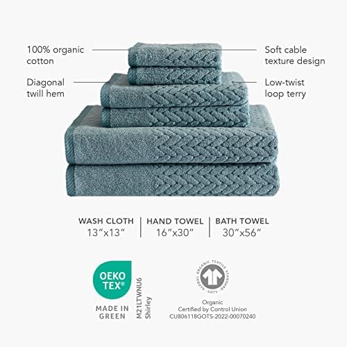 Texere 100% Organic Cotton Jacquard 650 GSM Premium Bath Towel Sets - Extra Absorbent Quick Dry and Plush, 2 Large Bath Towels, 2 Hand Towels, 2 Washcloths (Cable, Granite, 6 Piece)