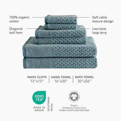 Texere 100% Organic Cotton Jacquard 650 GSM Premium Bath Towel Sets - Extra Absorbent Quick Dry and Plush (Cable, Birch, 4 Bath Towels)