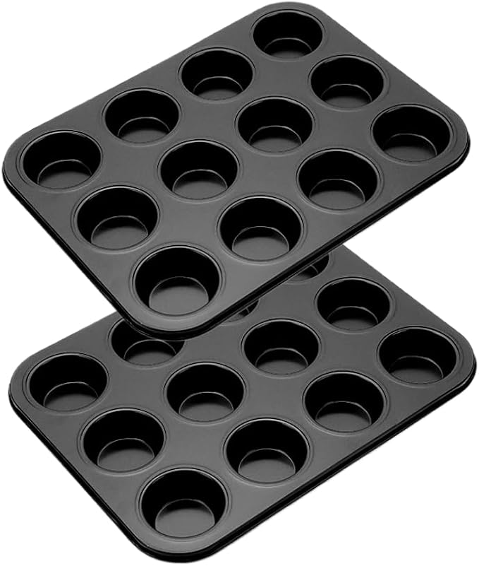 2 Pack Nonstick 12 Cup Muffin Pan, Carbon Steel Cupcake Baking Tray, BPA Free Easy Release Cake Tin, Oven Safe Bakeware for Muffins & Cupcakes,black