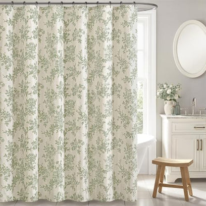 Spring Extra Long Linen Green Floral Shower Curtain W72*L90 Inches