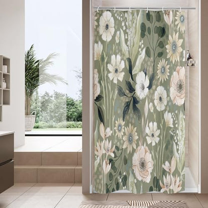 Boho Floral Shower Curtain, Green Botanical Fabric Curtain, 36 x 72