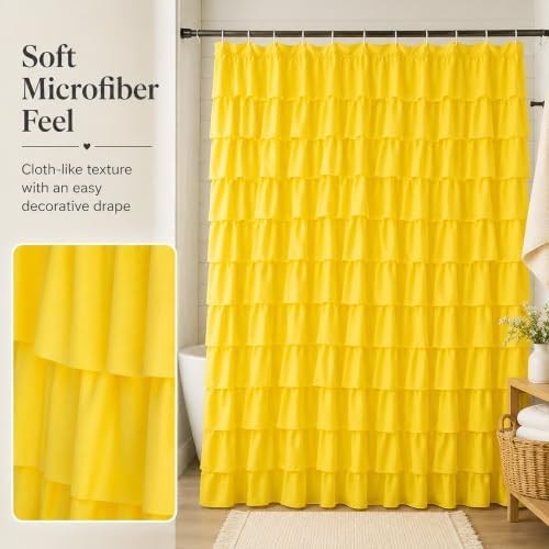 Yellow Shower Curtain for Bathroom, 72 x 84, Soft Ruffled Edge Detailing