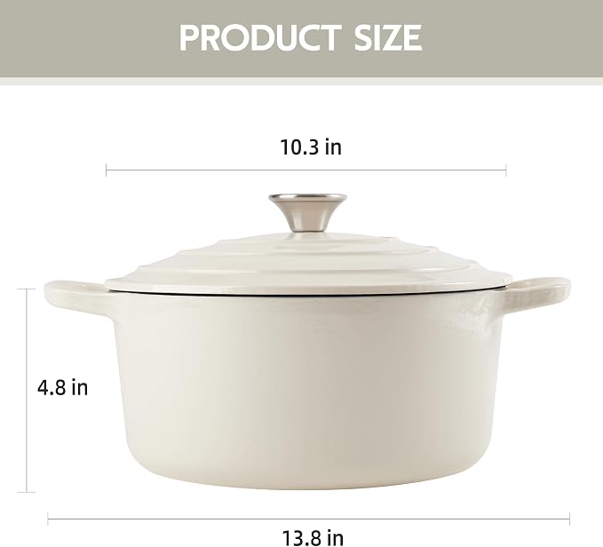 6 Quart Dutch Oven Enameled Cast Iron with Lid - Big Dual Handles - Oven Safe up to 500°F - Classic Round Pot for Versatile Cooking Cream