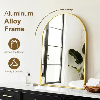 FGU Arched Bathroom Mirror for Over Sink 30"x20" Gold Vanity Mirror