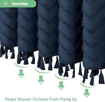 Dynamene Extra Long Boho Shower Curtain Tufted Chevron 72"x96" Navy Blue