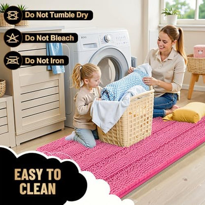 OLANLY Thick Bathroom Rugs 36x24, Soft Chenille Striped Bath Rugs, Hot Pink