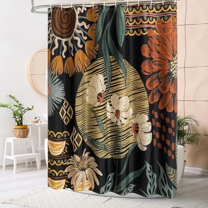 Dark Floral Shower Curtain, Boho Vintage Botanical Fabric Curtain, 72 x 84