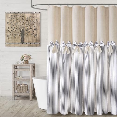 Farmhouse Shower Curtain Linen Bow Pleated Blue Stripe 72"W x 72"L
