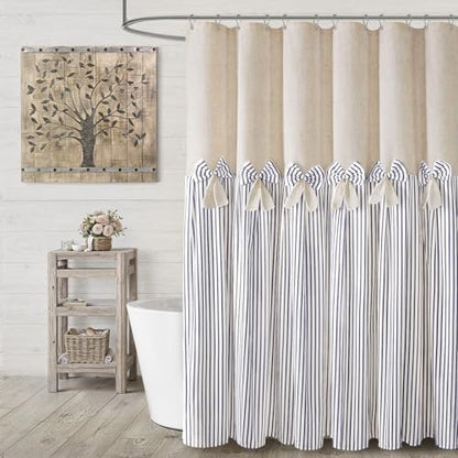 Farmhouse Shower Curtain Linen Bow Pleated Blue Stripe 72"W x 72"L