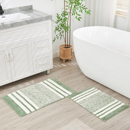 CozeCube Sage Green Striped 24"x16" Non Slip Washable Bath Mat
