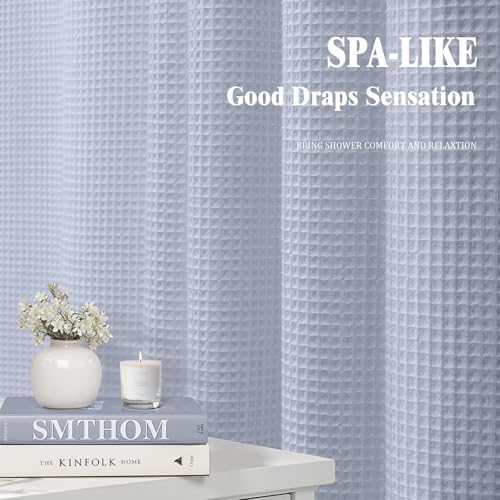 Waffle Weave Shower Curtain Heavyweight Cotton Fabric Misty Blue 72Wx75L