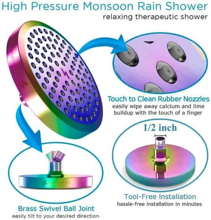 SparkPod Rain Shower Head, 6 Inch Round, Radiant Rainbow Finish