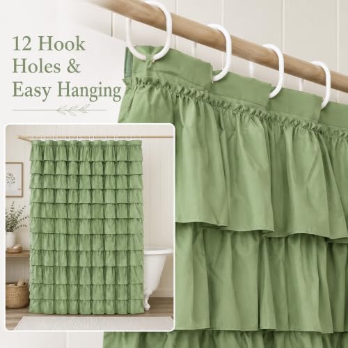 Sage Green Ruffle Shower Curtain for Bathroom, 72x84 inch, 1 Panel